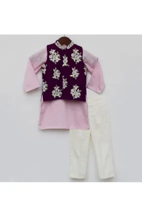 Pink Silk Kurta With Purple Embroidered Jacket Set