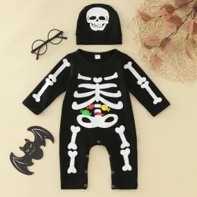 2PCS Halloween Baby Boy Long Sleeve Skeleton Print Jumpsuit with Hat