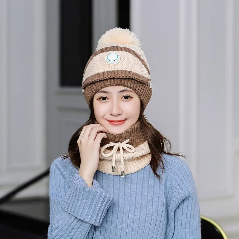 3 Pcs/set With Breathing Mask 2in1 Knitted Pompoms Fur Lined Protective Knitted Woolen Warm Winter Cap