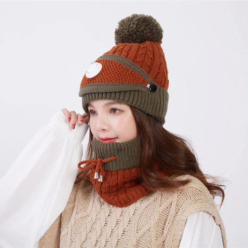 3 Pcs/set With Breathing Mask 2in1 Knitted Pompoms Fur Lined Protective Knitted Woolen Warm Winter Cap