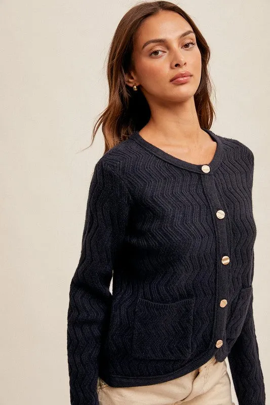 5785 Chevron Pattern Button Down Sweater in Navy