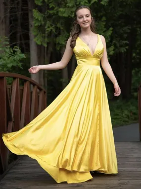 A Line V Neck Backless Yellow Satin Long Prom, Backless Yellow Formal, Yellow Evening