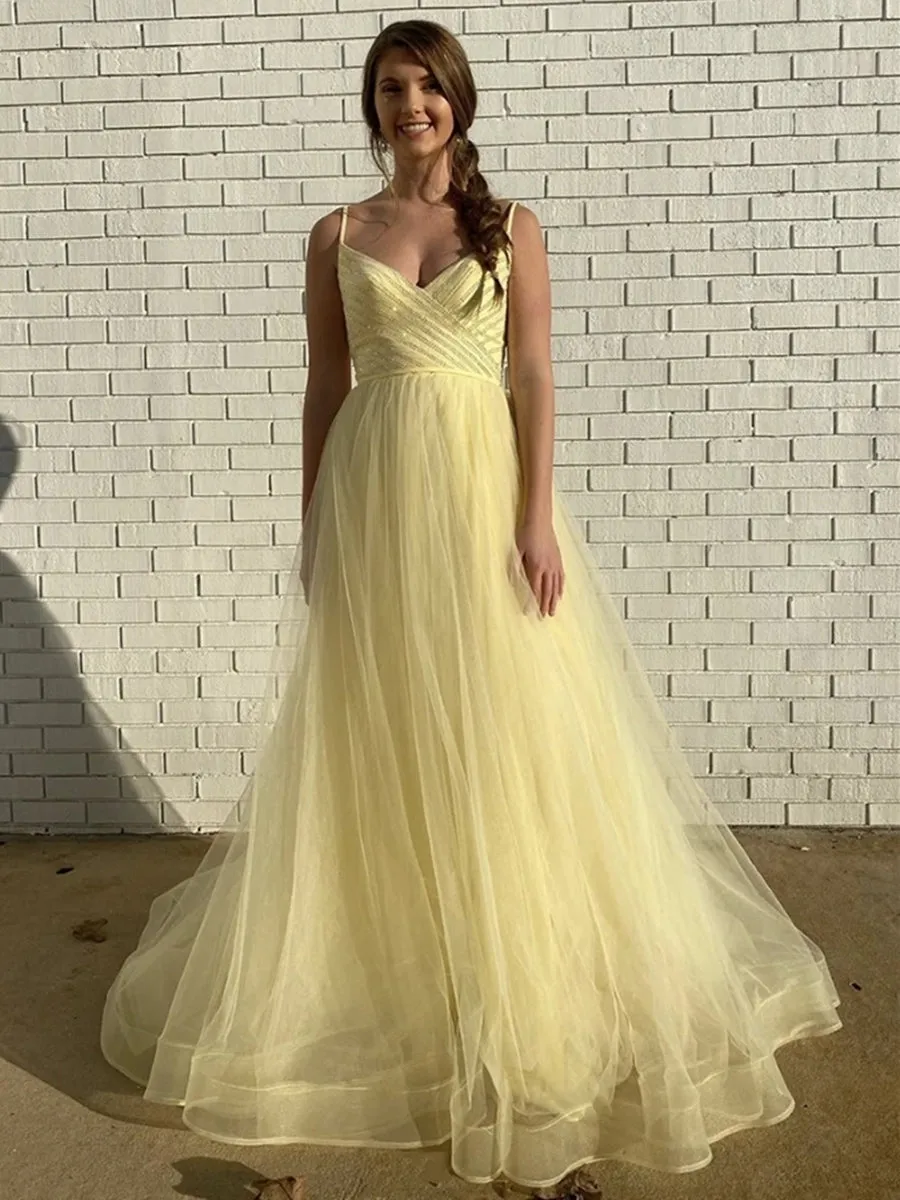 A Line V Neck Yellow Tulle Long Prom, V Neck Yellow Formal Graduation Evening