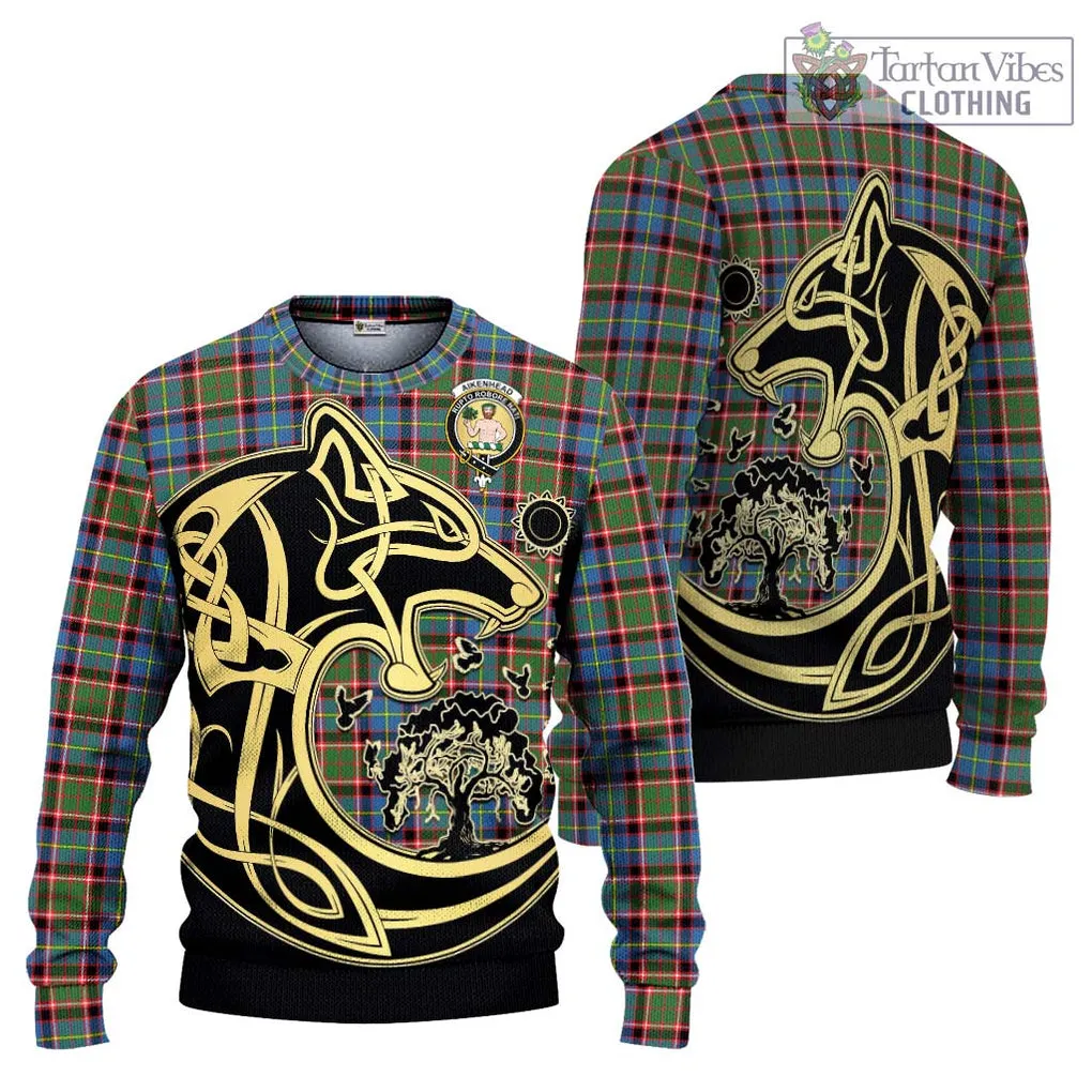 Aikenhead Tartan Ugly Sweater with Family Crest Celtic Wolf Style