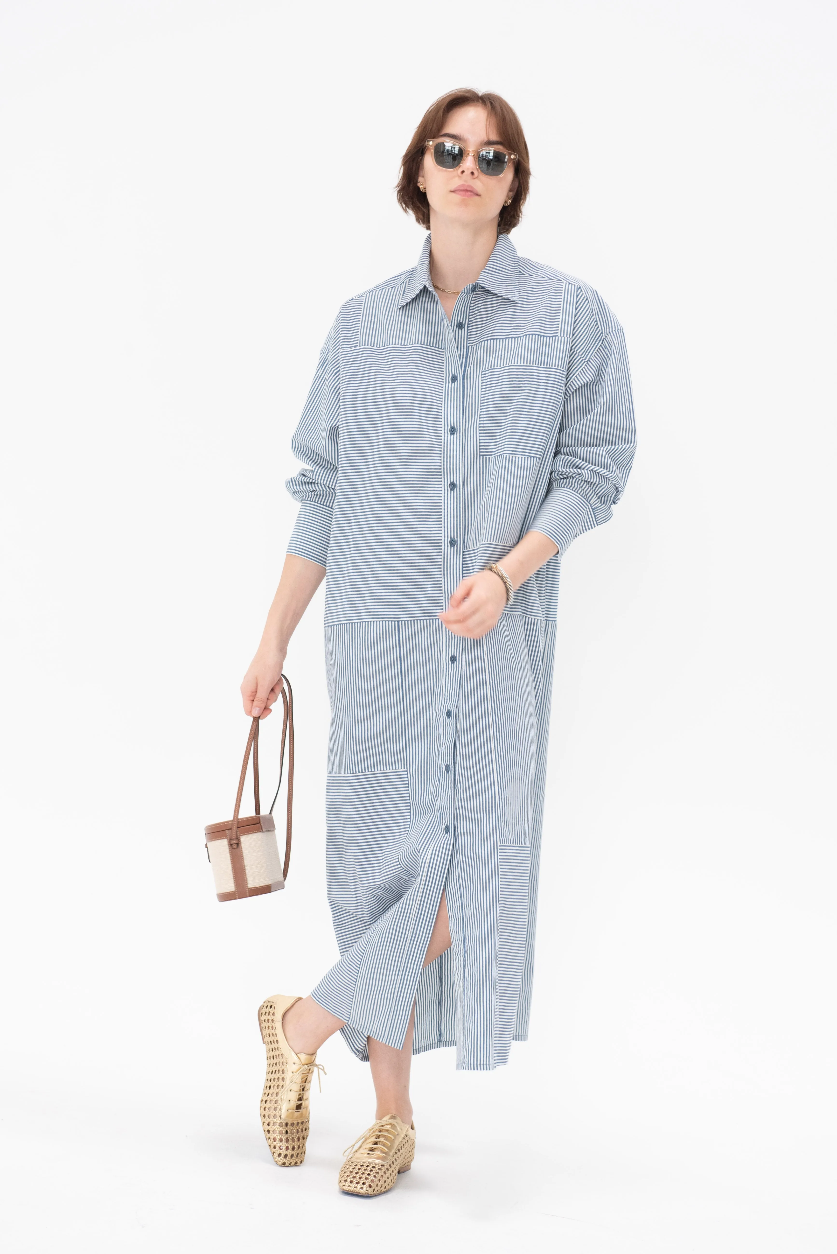 Alameda Button Down Caftan, Blue & White Stripes