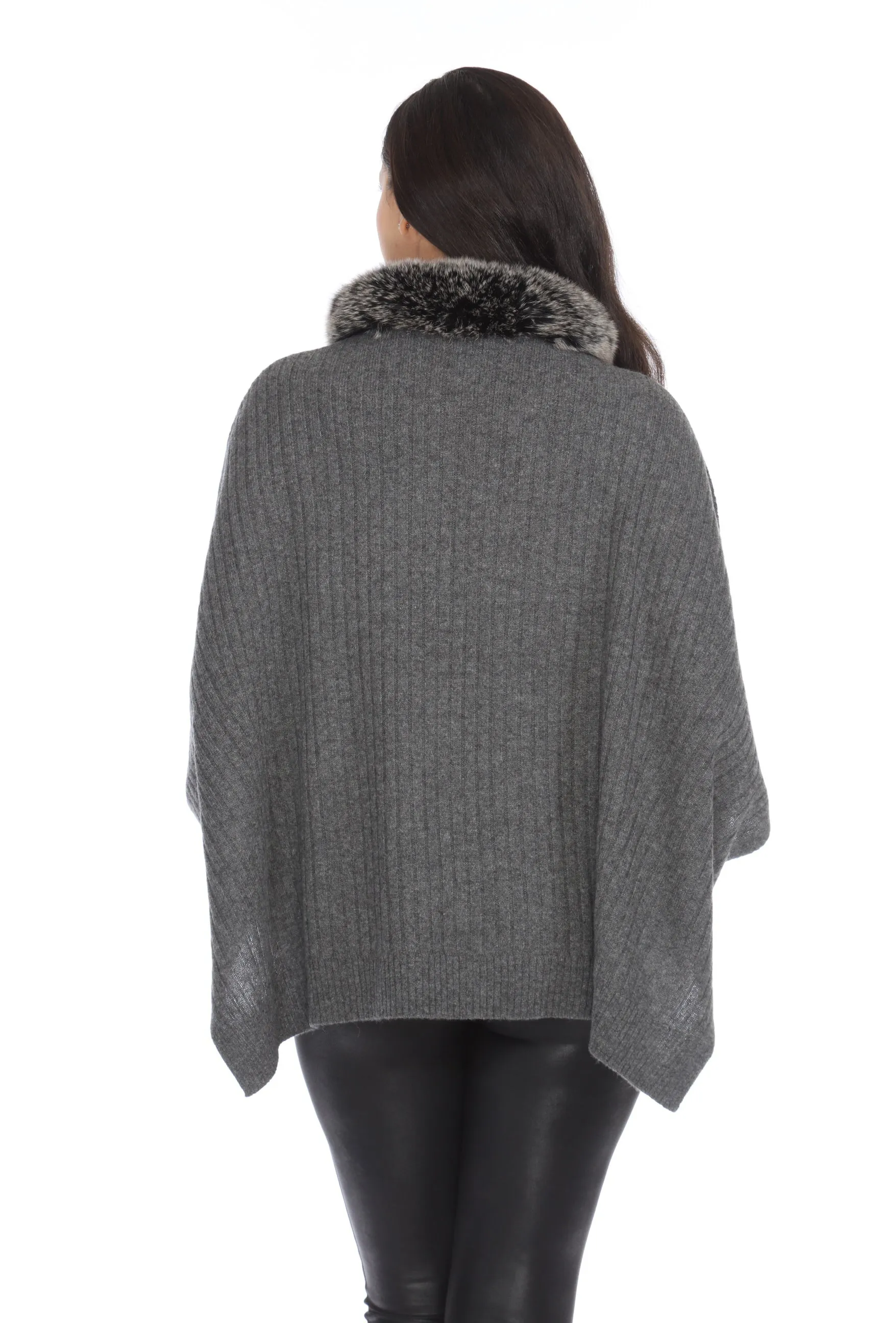 Alashan Luxe Graphite 100% Cashmere Coco Rib Fox Trim Poncho LX3004