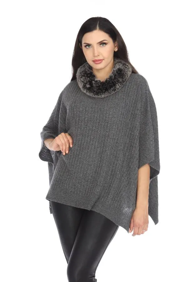 Alashan Luxe Graphite 100% Cashmere Coco Rib Fox Trim Poncho LX3004