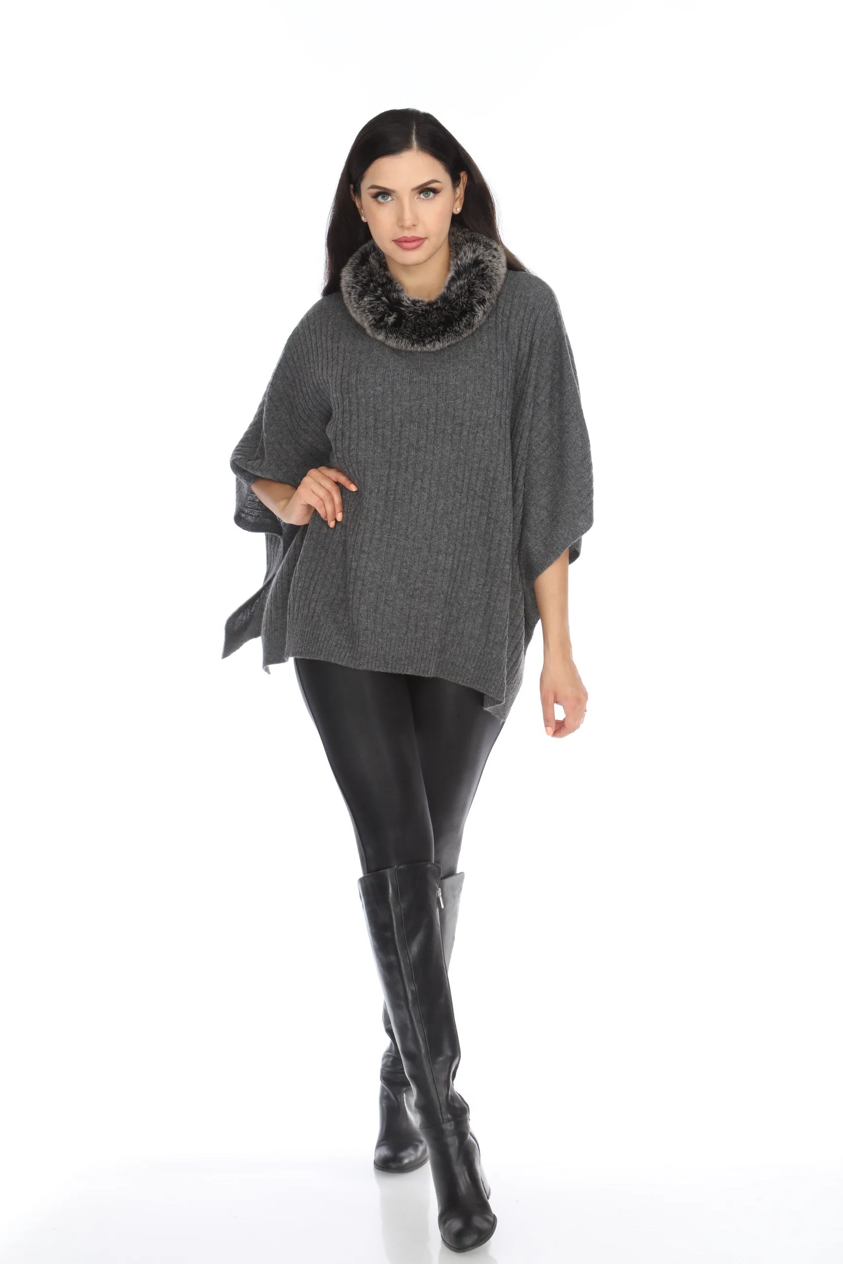 Alashan Luxe Graphite 100% Cashmere Coco Rib Fox Trim Poncho LX3004