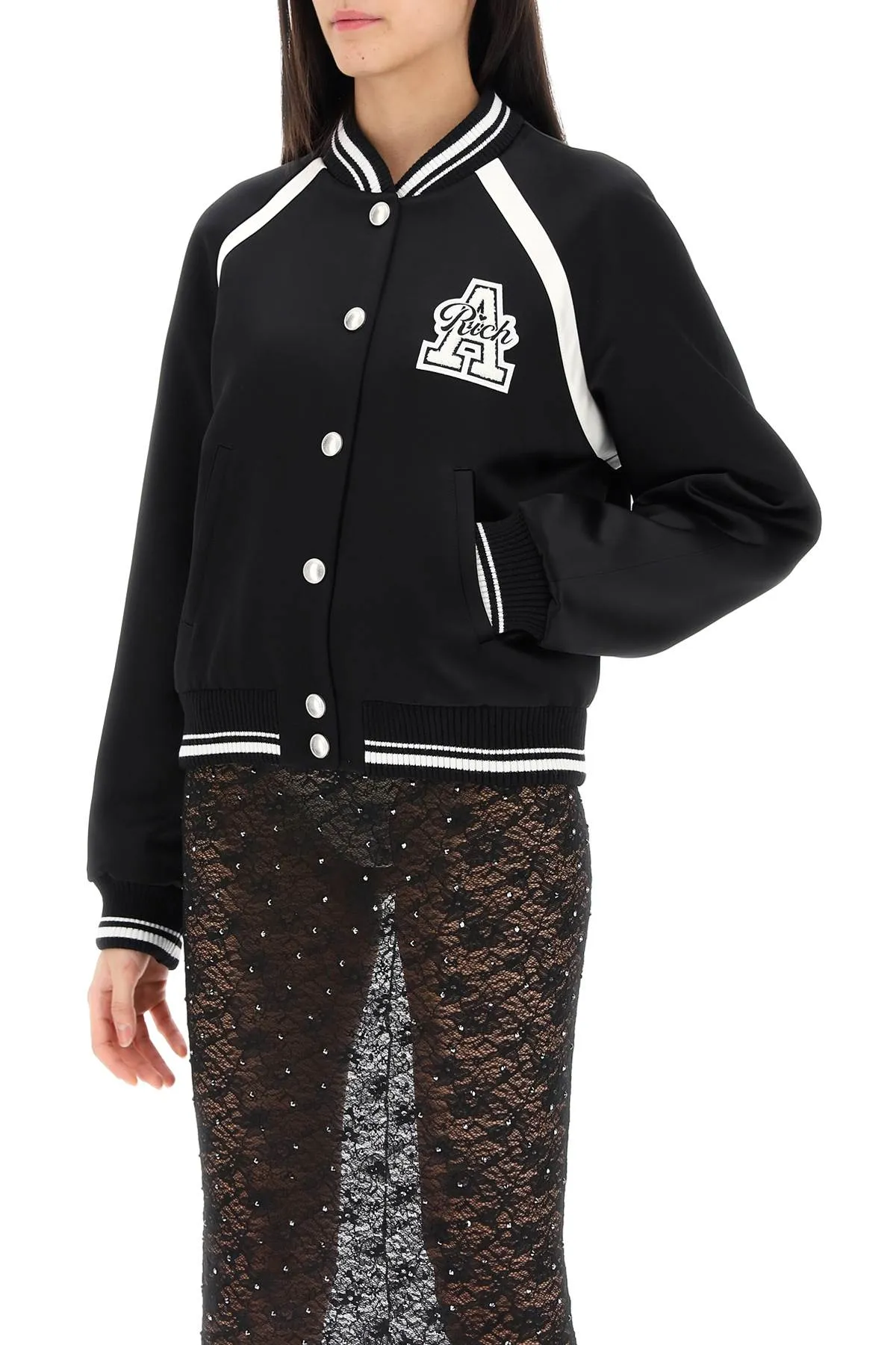 Alessandra Rich Satin Bomber Jacket With Logo Patch