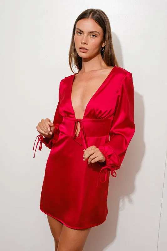 Alma Long Sleeve Plunging Neckline Satin Mini Dress Red