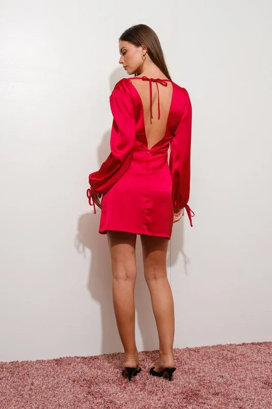 Alma Long Sleeve Plunging Neckline Satin Mini Dress Red