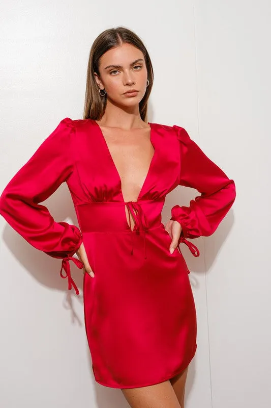 Alma Long Sleeve Plunging Neckline Satin Mini Dress Red