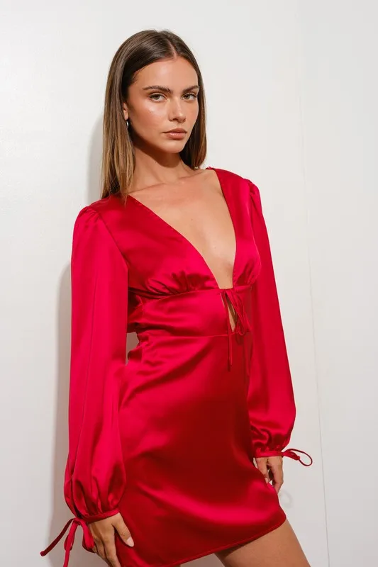 Alma Long Sleeve Plunging Neckline Satin Mini Dress Red