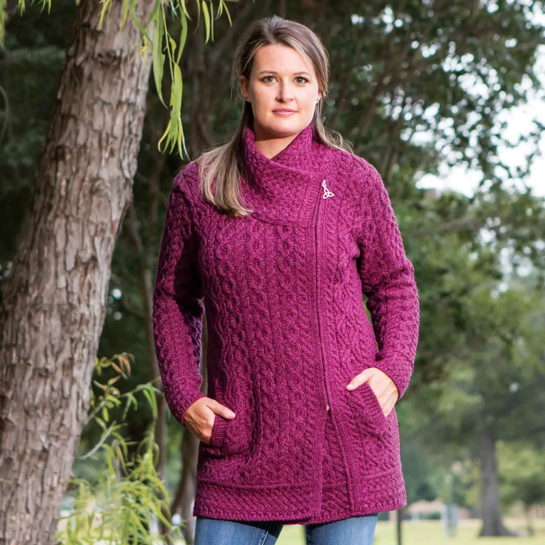 Athenry Shawl Collar Aran Knit Coat- Purple