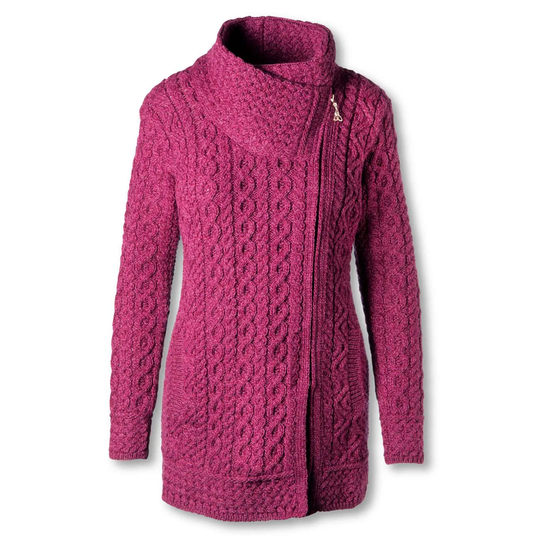 Athenry Shawl Collar Aran Knit Coat- Purple