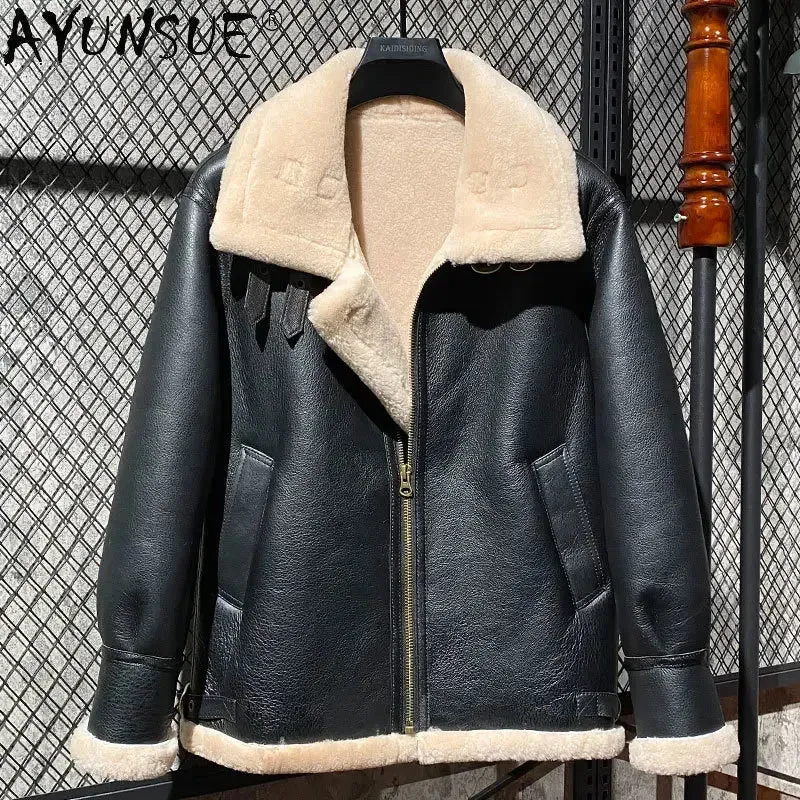 AYUNSUE Mens Fur Jacket Coat Winter Natural Fur Coats Men Original Sheepskin Wool Fur Leather Jackets Warm Vintage Flight Suit