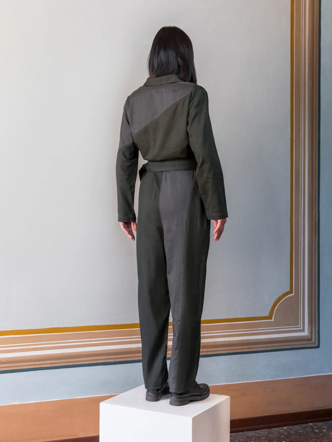 Bauhaus Cotton Jumpsuit, Dark Green / Grey