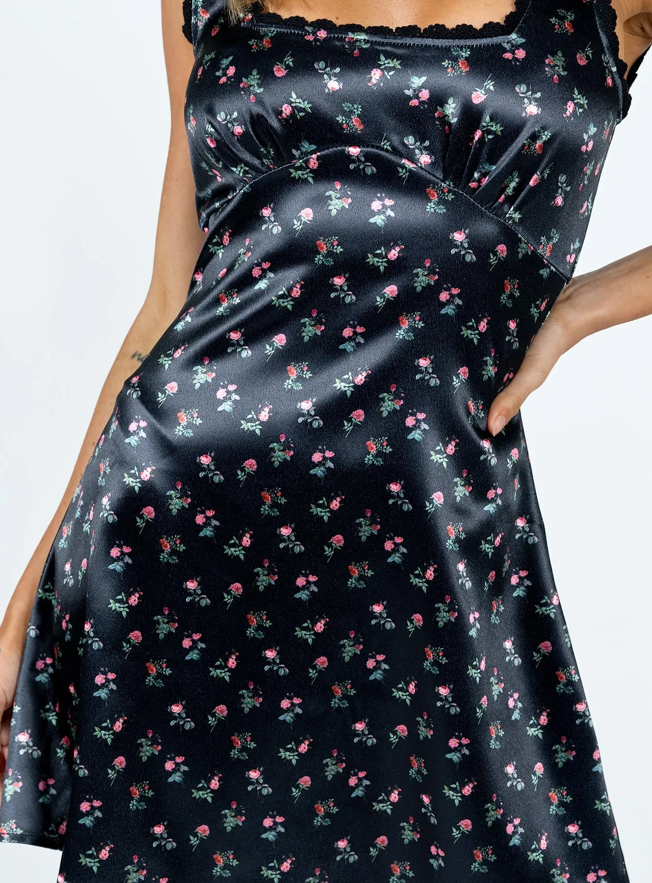 Berlin Satin Mini Dress Black Floral