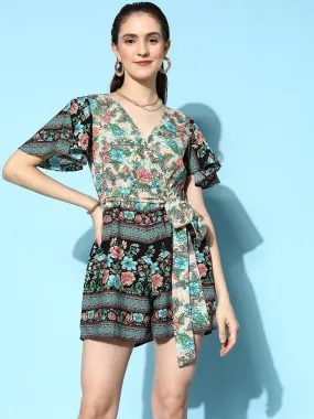 Berrylush Women Blue & Black Floral Printed V-Neck Waist Tie-Up Wrap Mini Playsuit