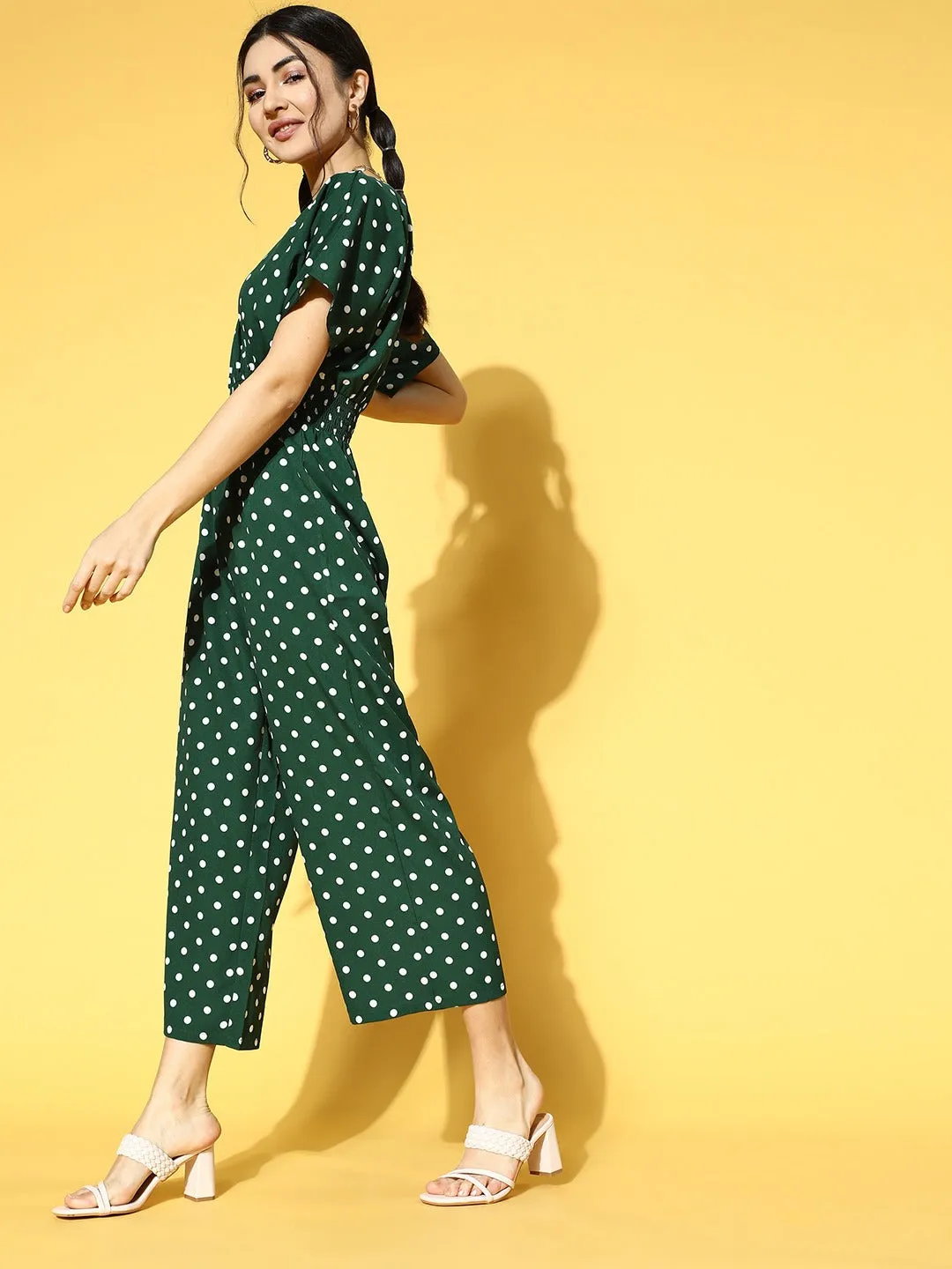 Berrylush Women Green and White Polka Dot Printed V-Neck Side Pocket Wrap Culotte Jumpsuit