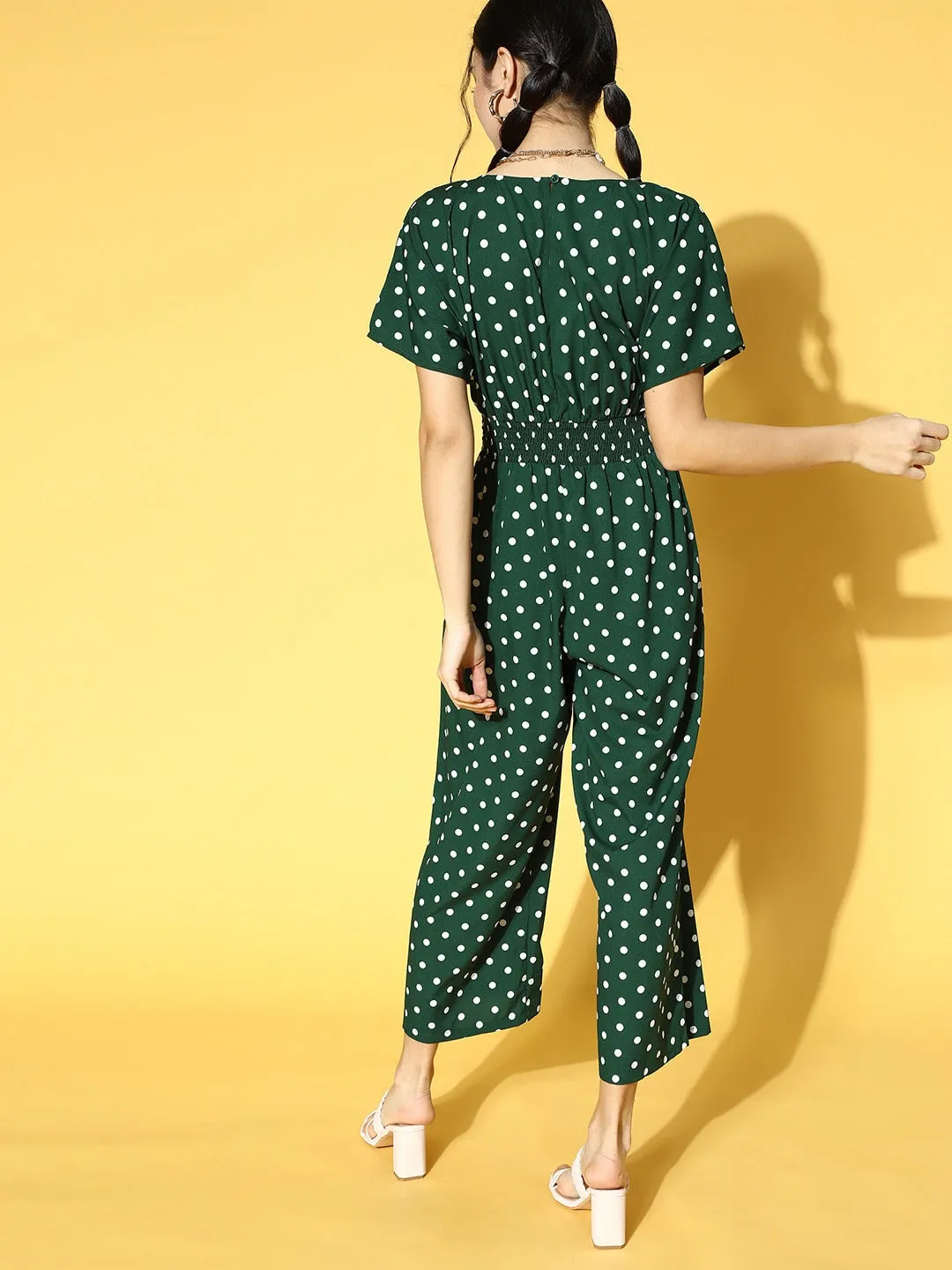 Berrylush Women Green and White Polka Dot Printed V-Neck Side Pocket Wrap Culotte Jumpsuit