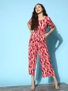 Berrylush Women Pink Abstract Printed Round Neck Tie-Up Waist Wide Leg Regular Jumpsuit