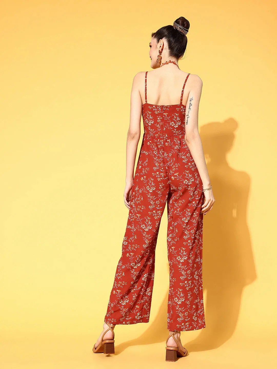 Berrylush Women Red & Off-White Floral Printed Round Neck Sleeveless Gathered Jumpsuit