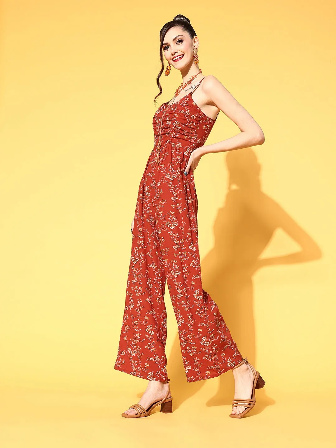 Berrylush Women Red & Off-White Floral Printed Round Neck Sleeveless Gathered Jumpsuit