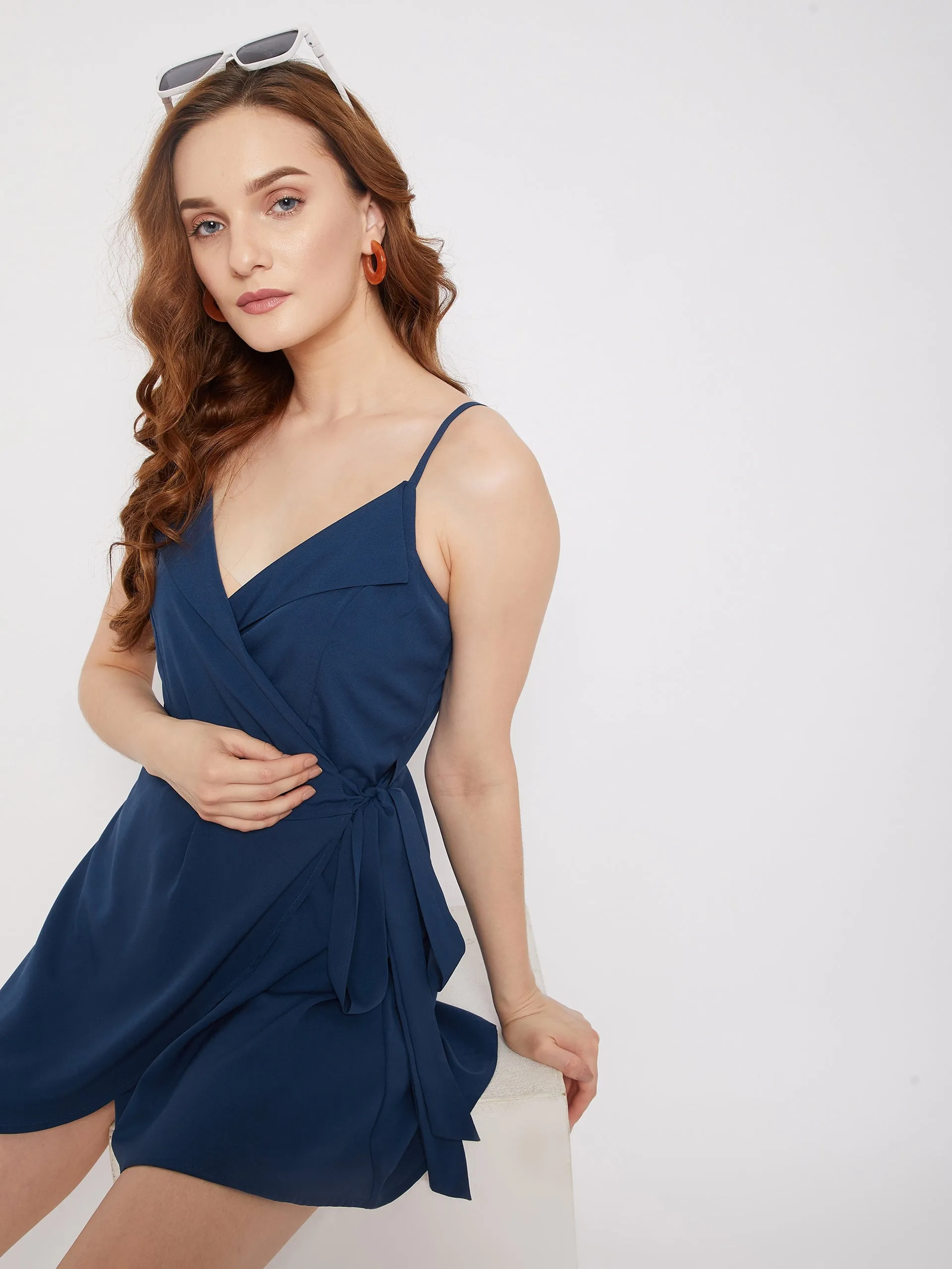 Berrylush Women Solid Blue Ruffle Side Knot Cami Wrap Jumpsuit