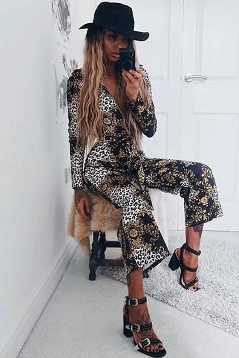 Black and Gold Leopard Print Zip Front Jumpsuit - Aazeen