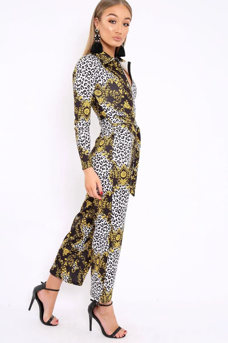 Black and Gold Leopard Print Zip Front Jumpsuit - Aazeen