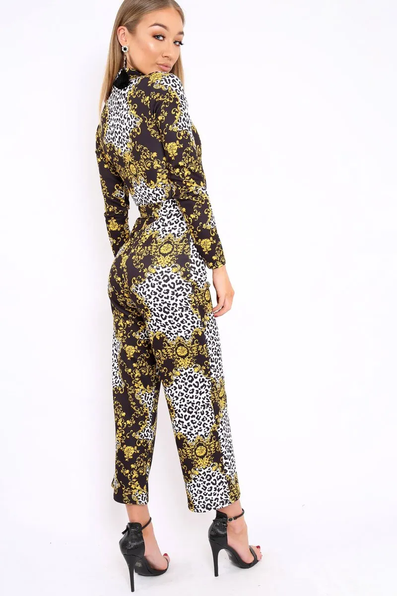 Black and Gold Leopard Print Zip Front Jumpsuit - Aazeen