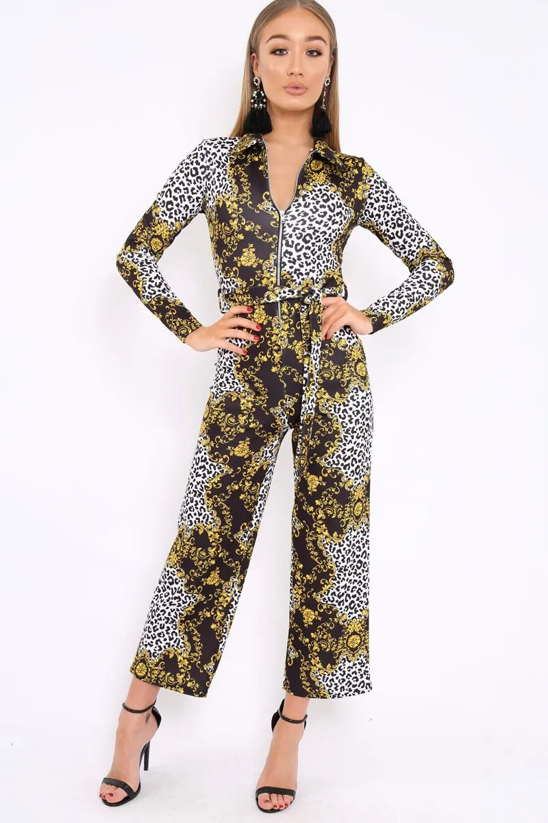 Black and Gold Leopard Print Zip Front Jumpsuit - Aazeen