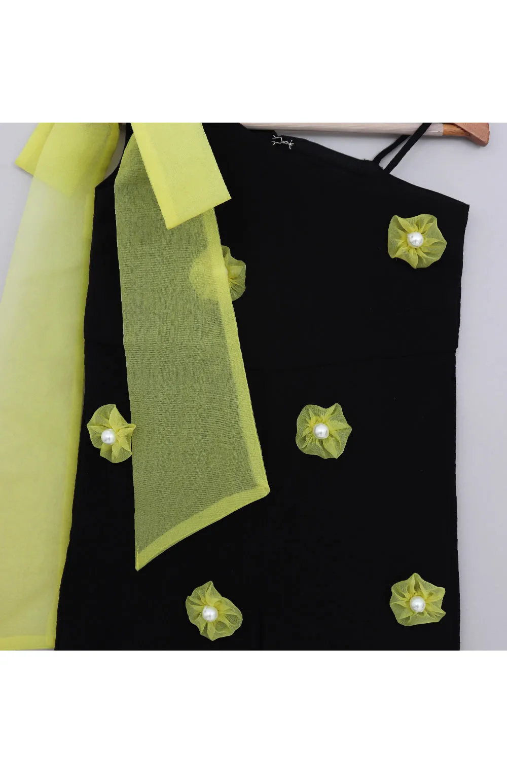 Black And Neon Green Flower Detailing One Shoulder Jumpsuit