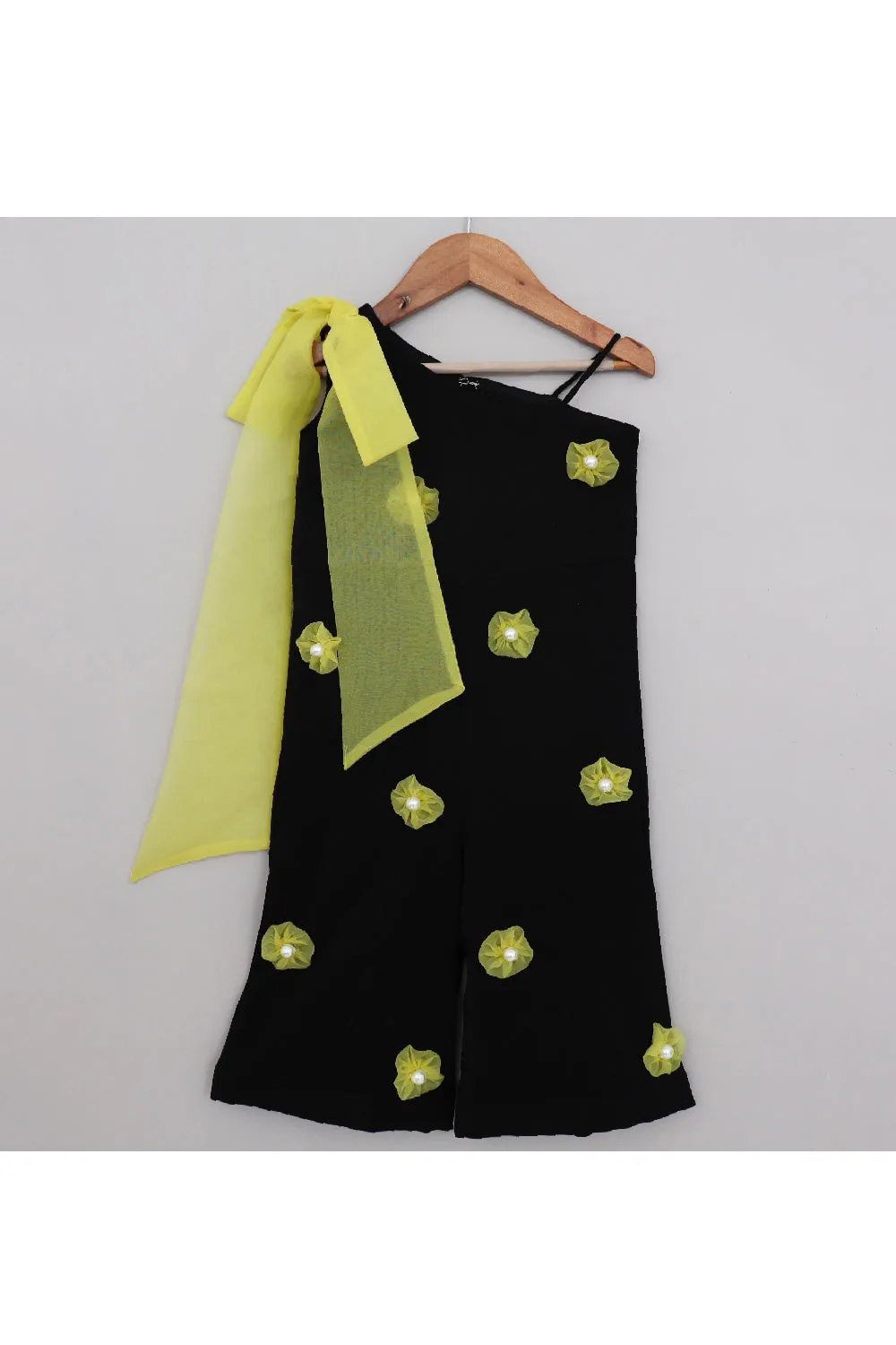 Black And Neon Green Flower Detailing One Shoulder Jumpsuit