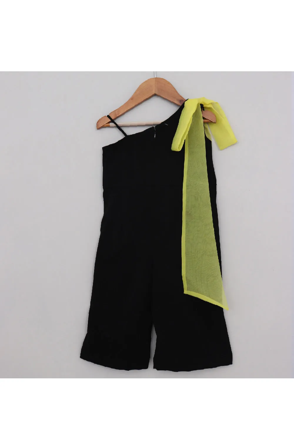 Black And Neon Green Flower Detailing One Shoulder Jumpsuit