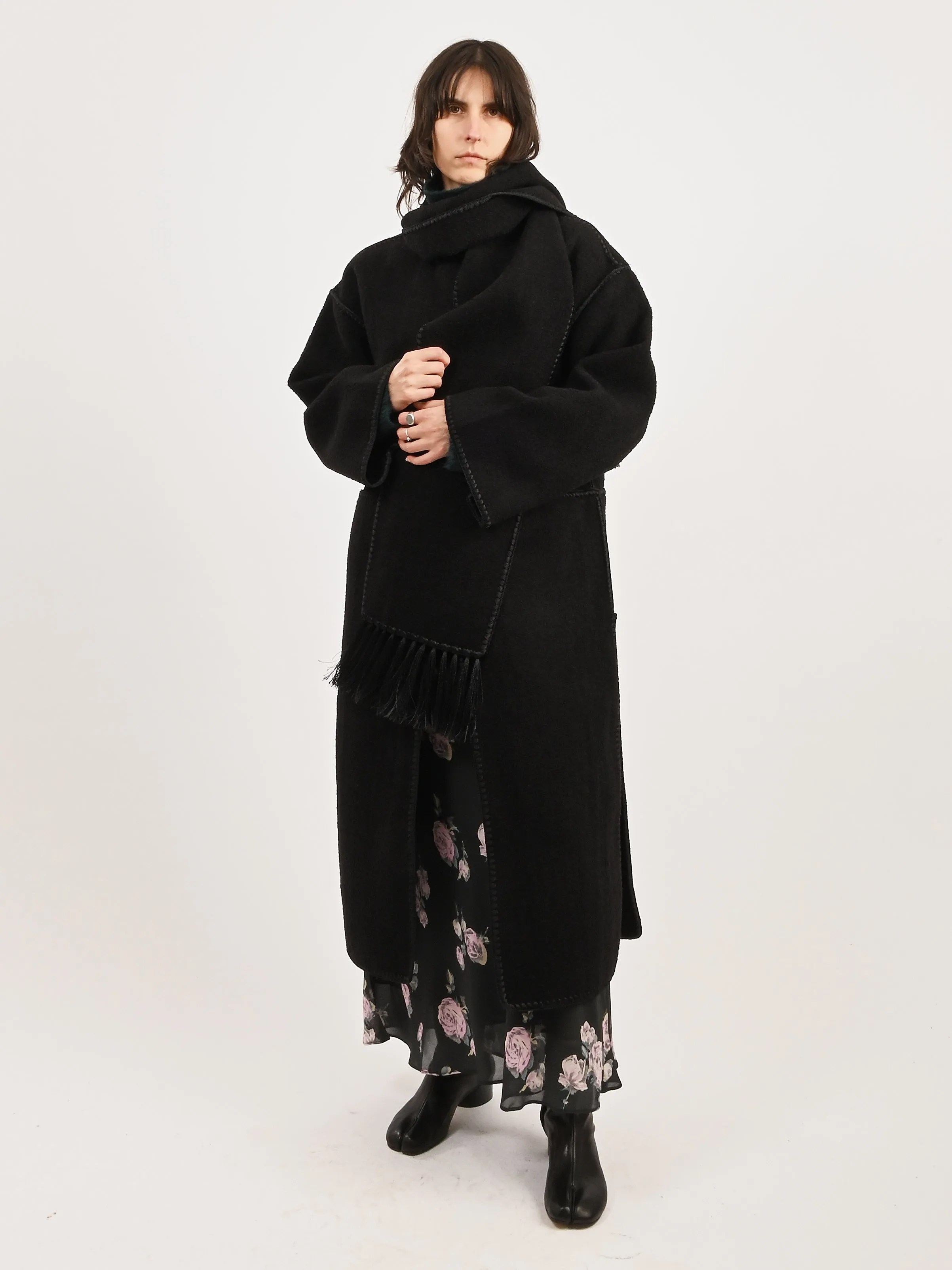 Black Embroidered Scarf Coat