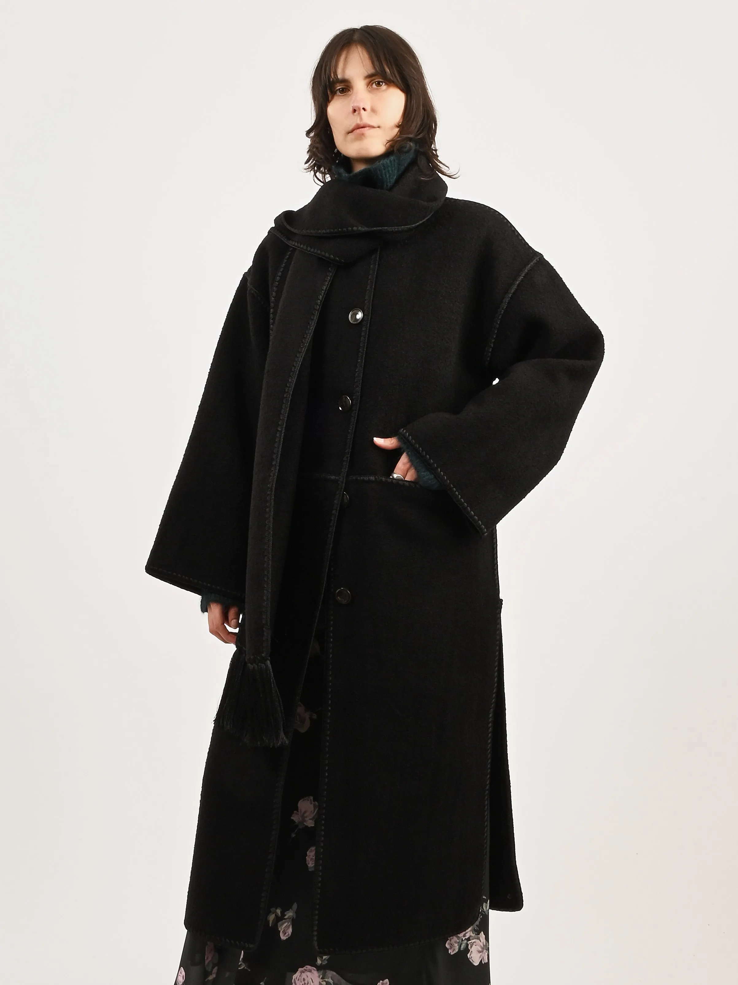 Black Embroidered Scarf Coat