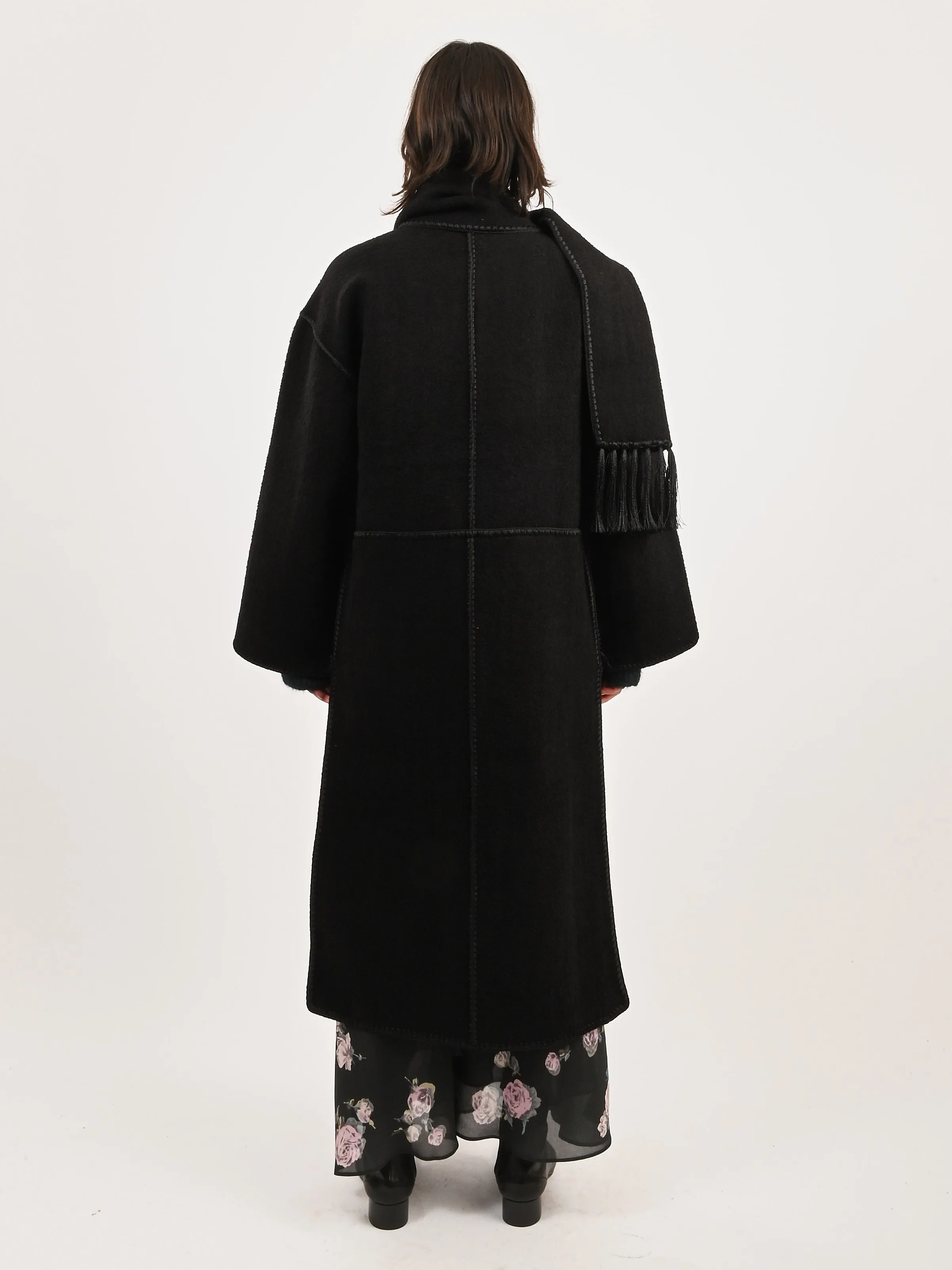 Black Embroidered Scarf Coat