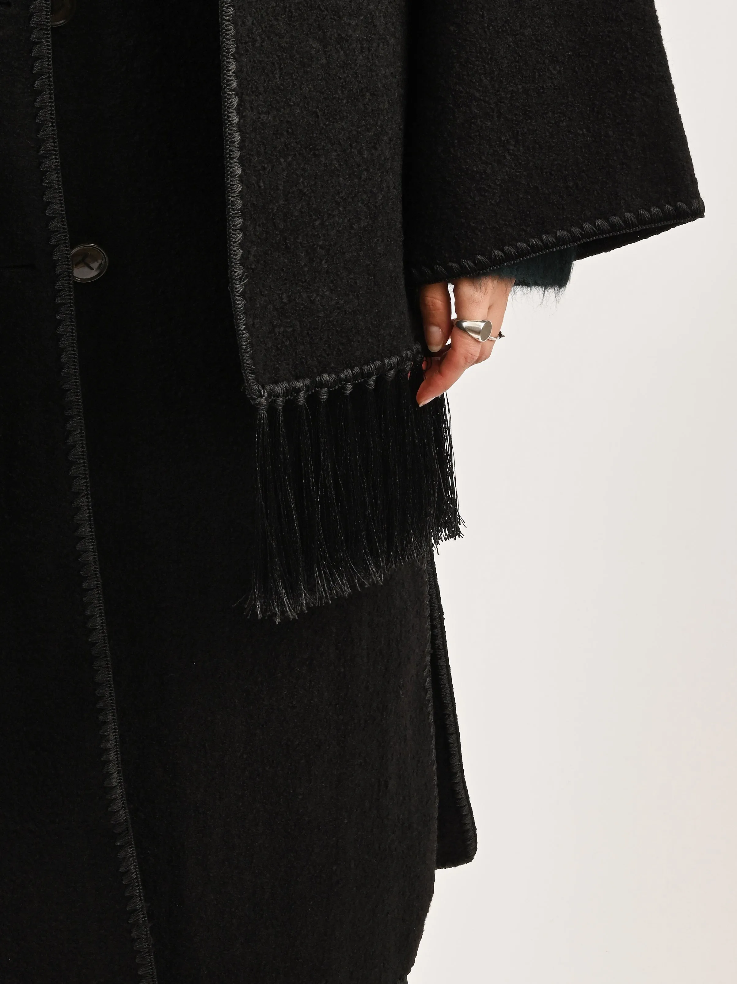 Black Embroidered Scarf Coat