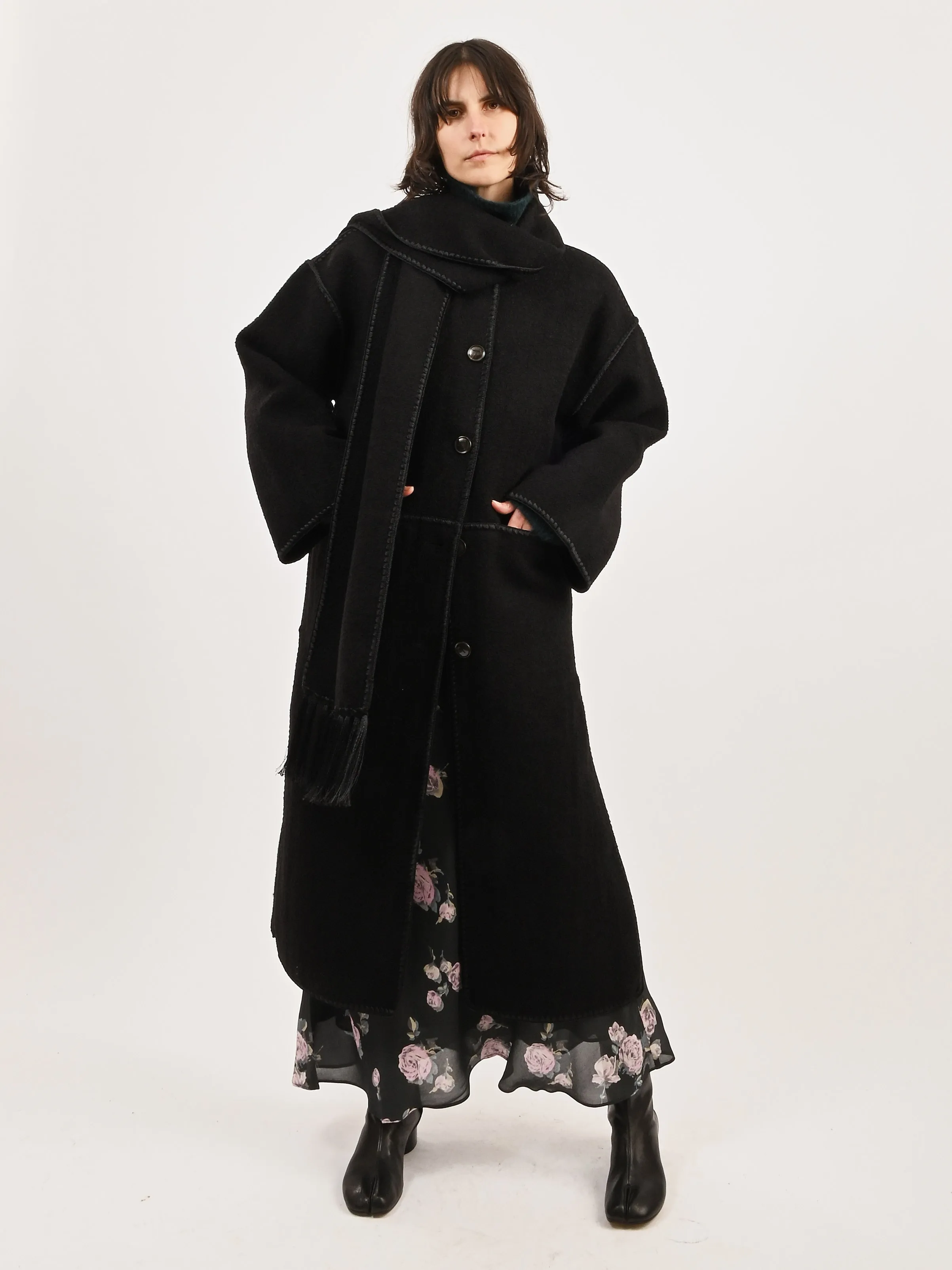 Black Embroidered Scarf Coat