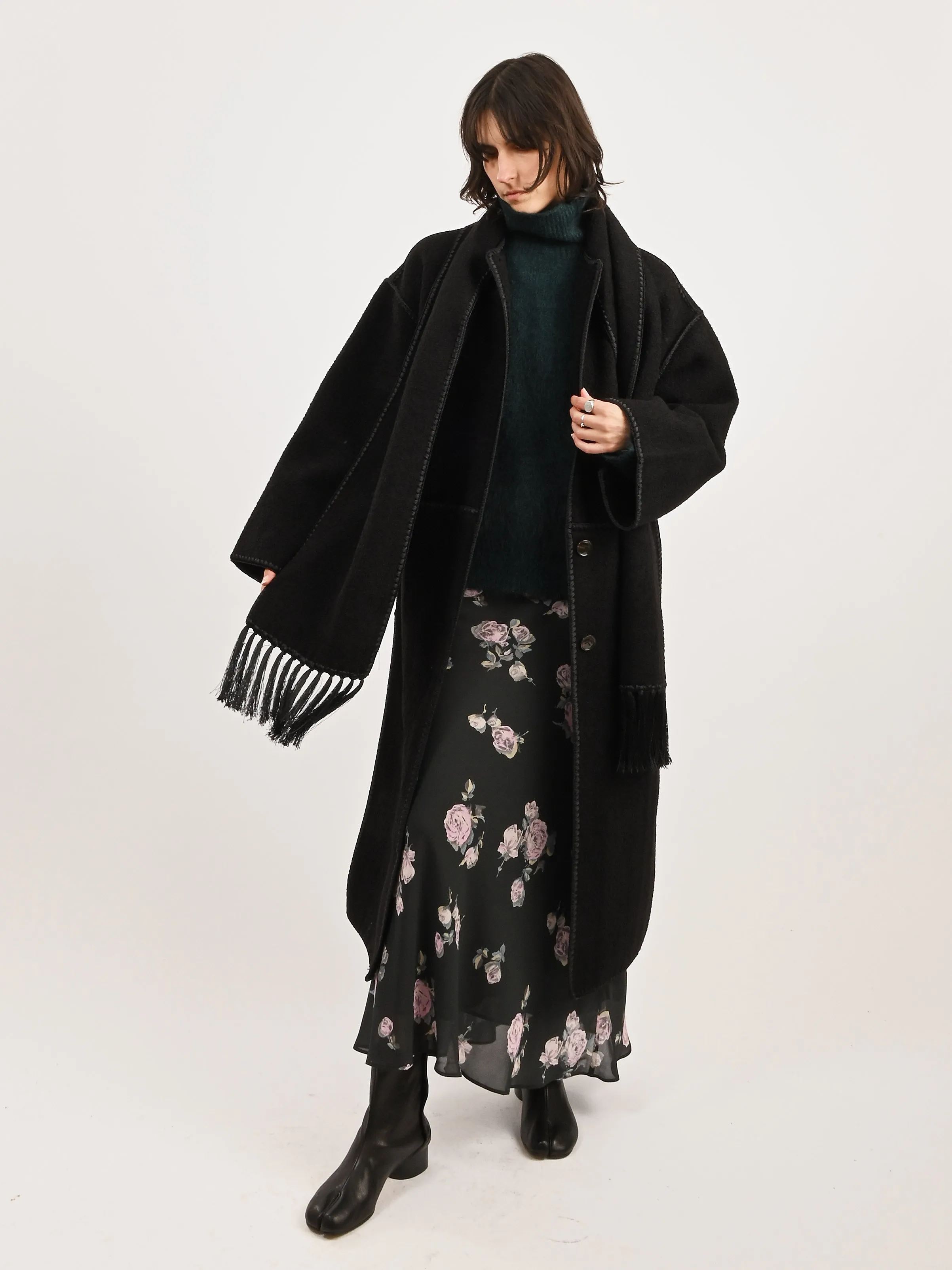 Black Embroidered Scarf Coat