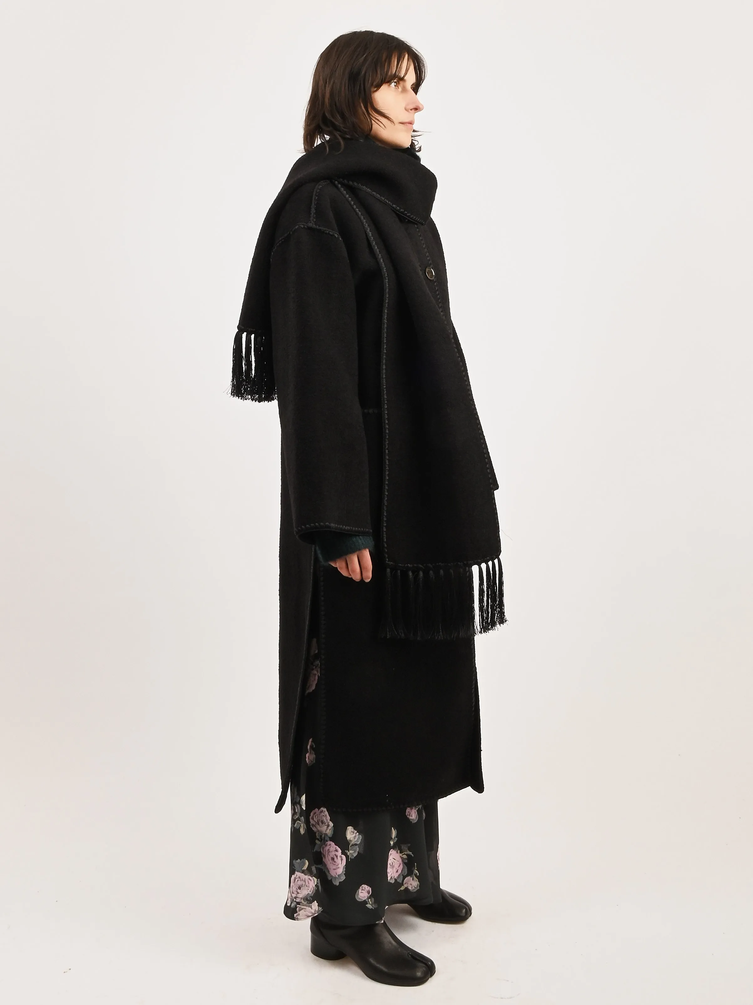 Black Embroidered Scarf Coat