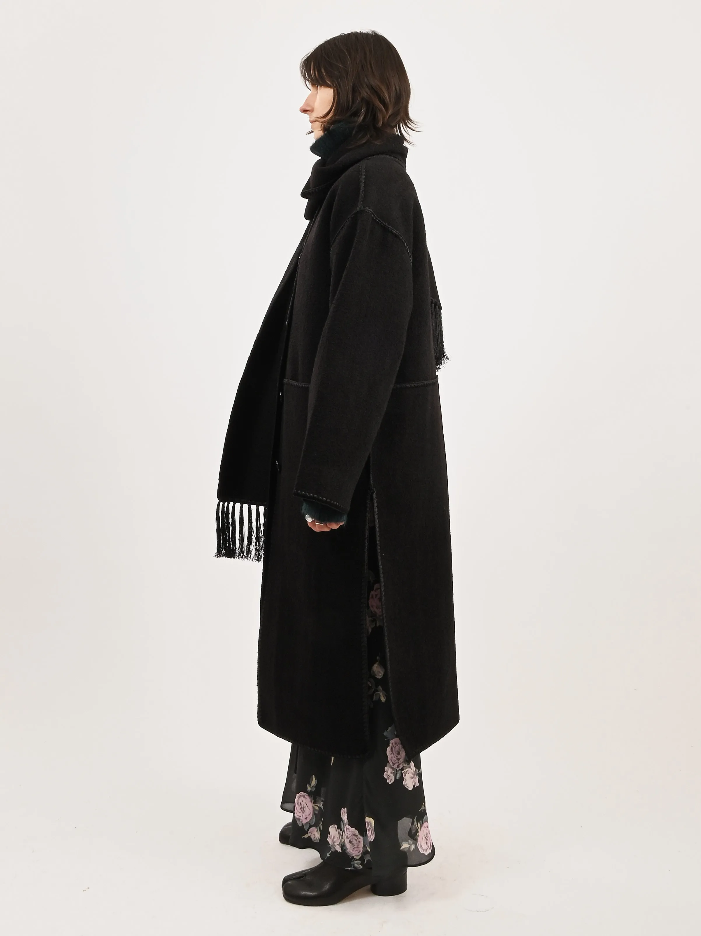 Black Embroidered Scarf Coat