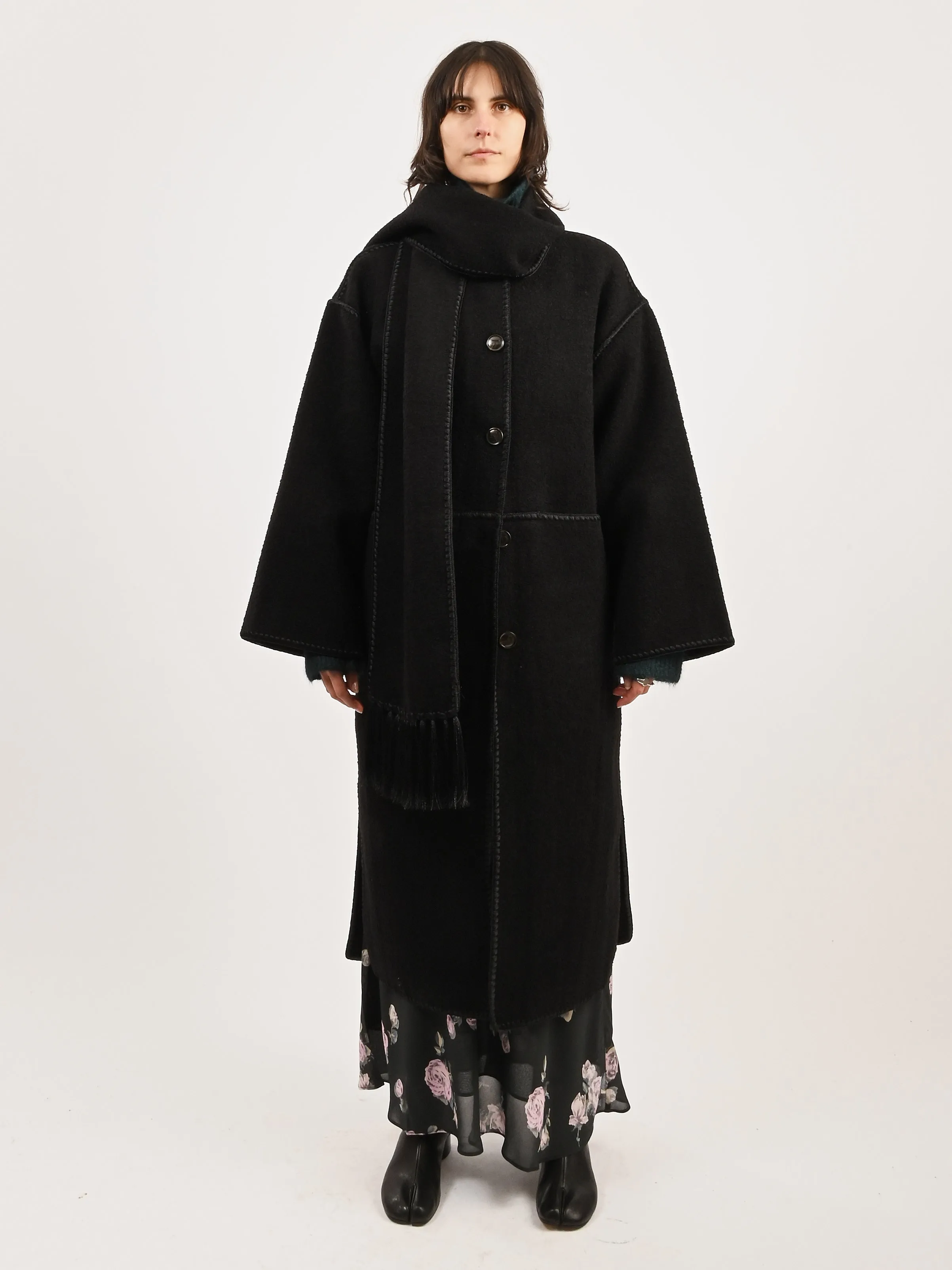 Black Embroidered Scarf Coat