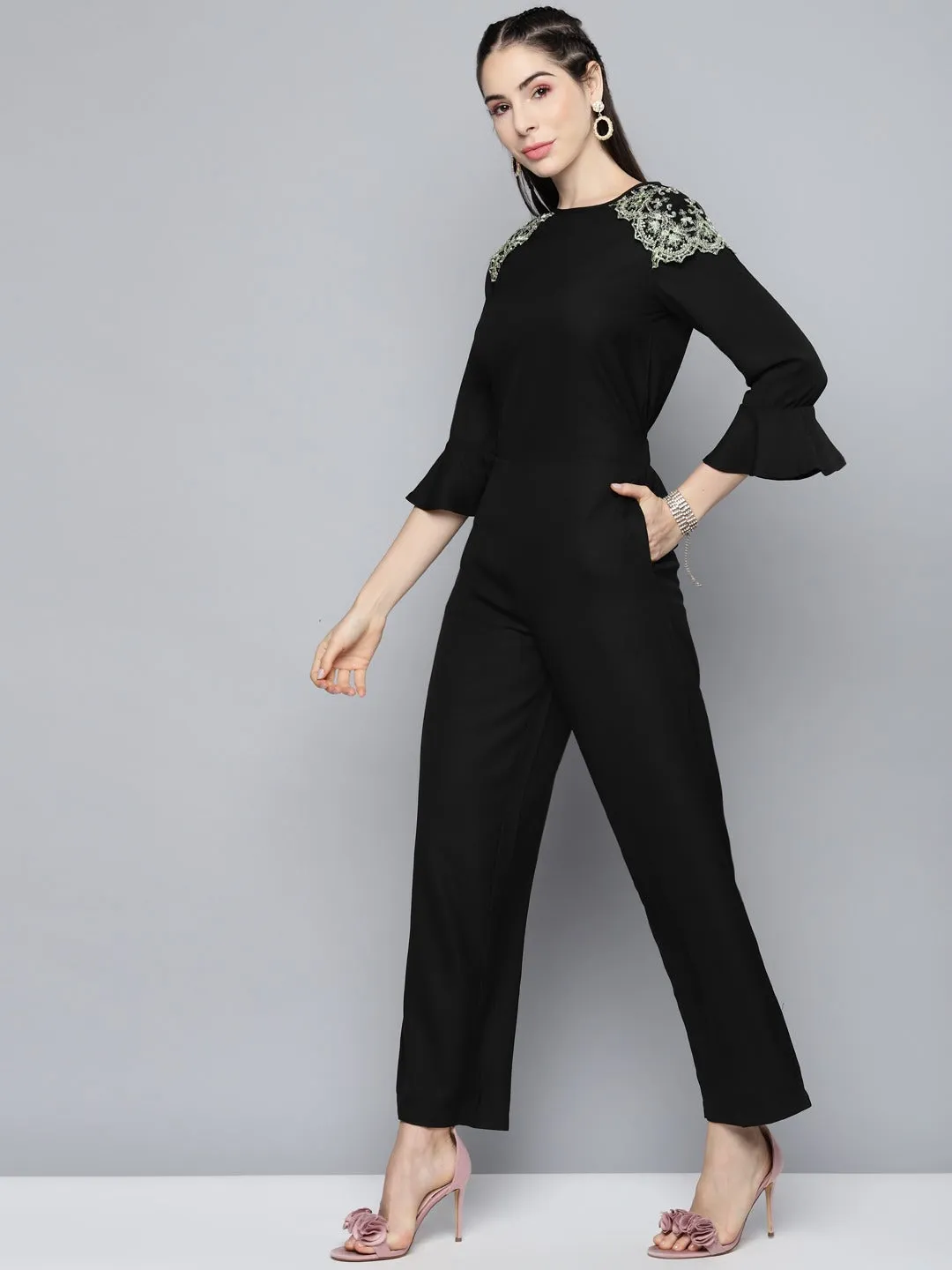 Black Lace Patch Detail Jumpsuit