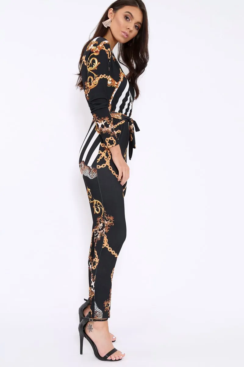 Black Leopard Print V-Plunge Jumpsuit - Talise