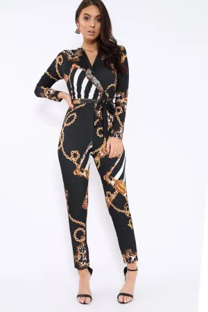 Black Leopard Print V-Plunge Jumpsuit - Talise