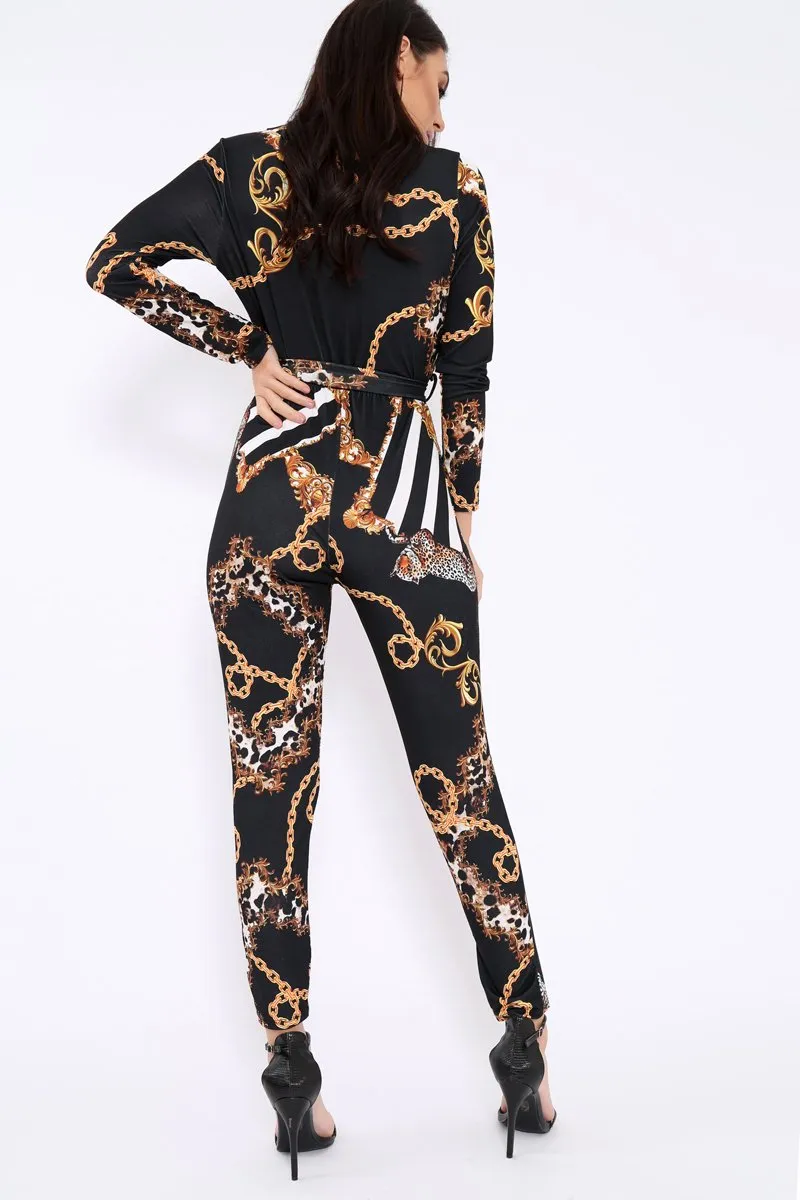 Black Leopard Print V-Plunge Jumpsuit - Talise