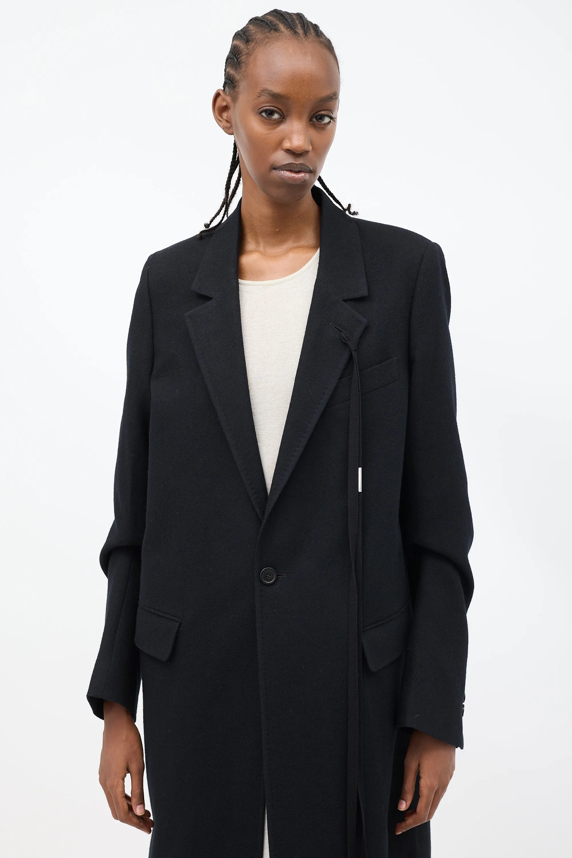 Black Wool Lieke Tacked Sleeve Long Coat